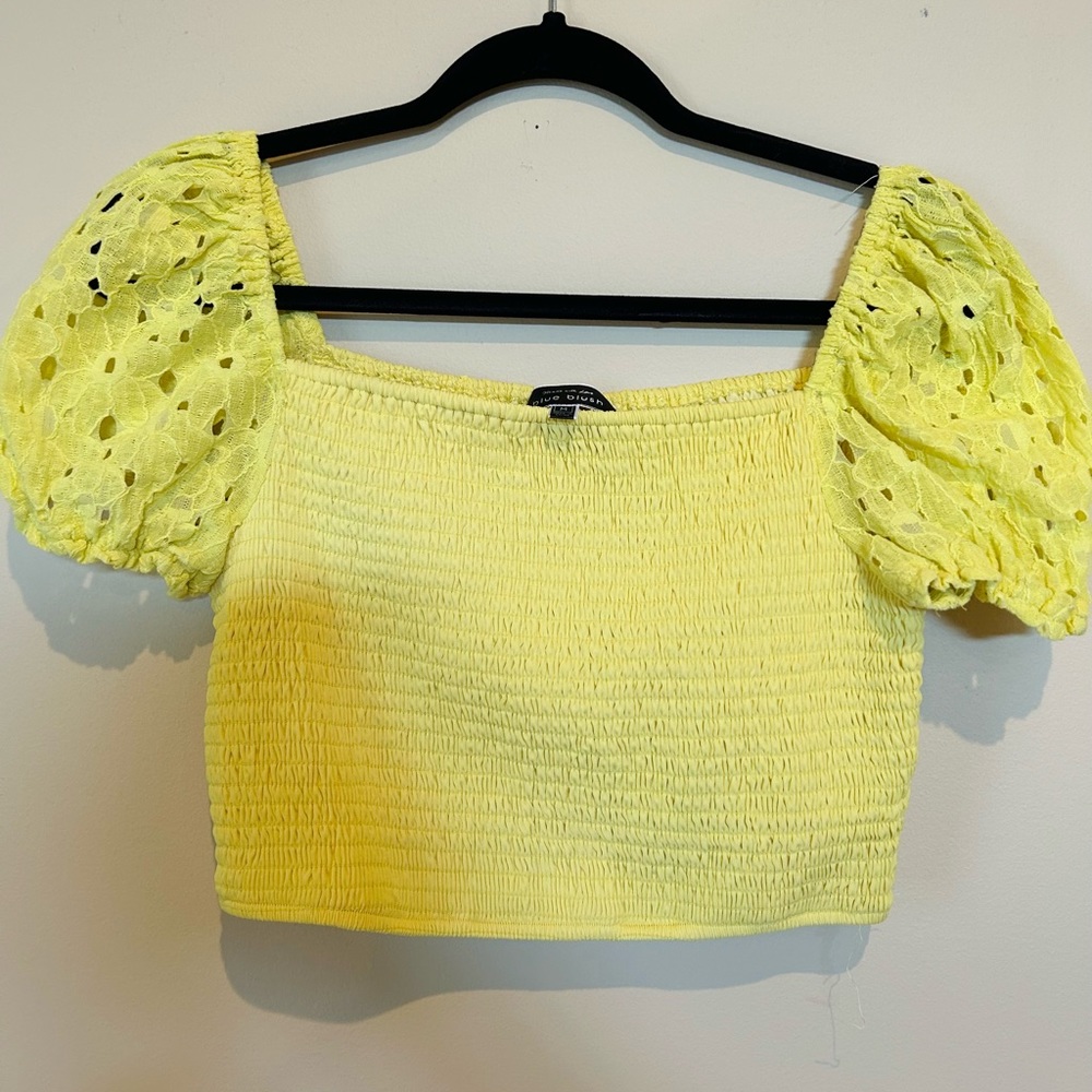 Blue Blush yellow puff sleeve crop top